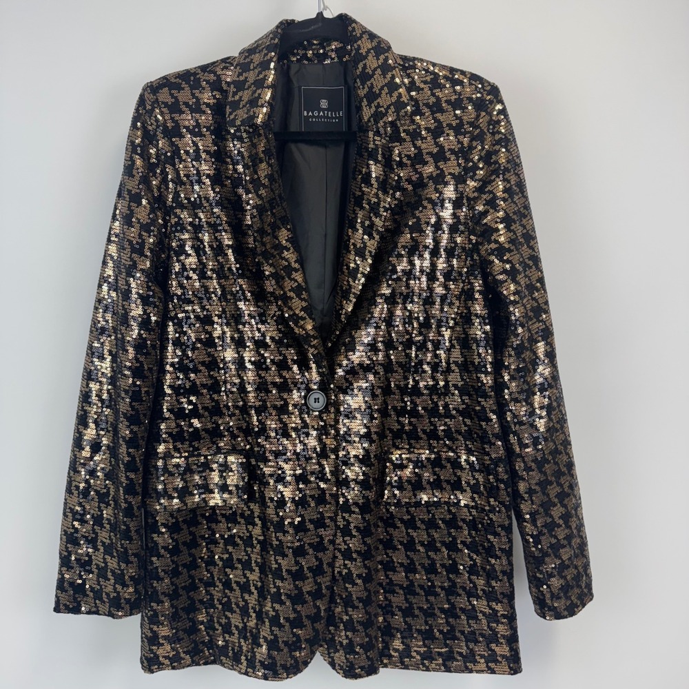 Bagatelle Collection Gold Black Sequin Houndstooth Blazer Jacket Womens Size M